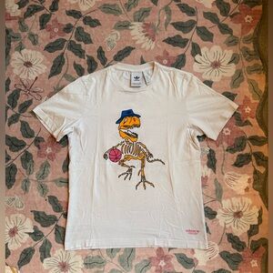 Adidas White Tee with Dinosaur and Basketball Graphic
